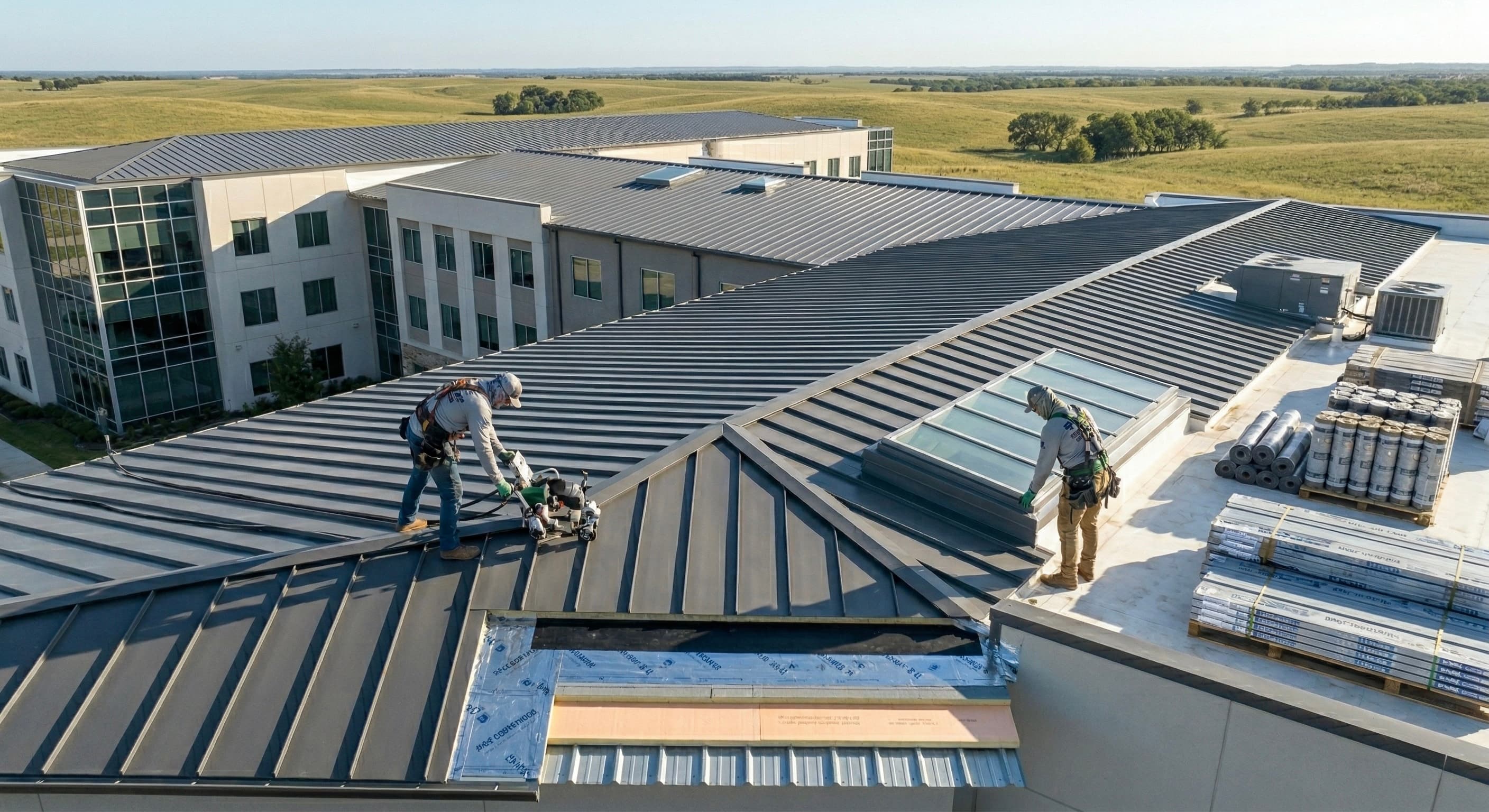 Corrugated commercial metal roof surface