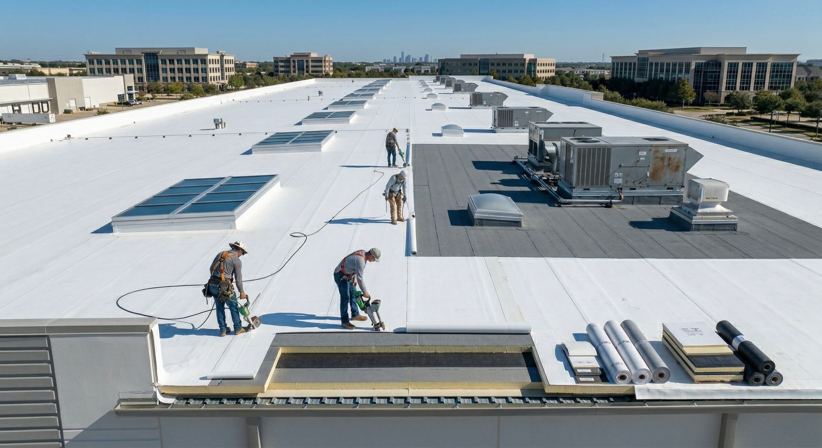 White TPO membrane on a large flat commercial roof under a clear sky
