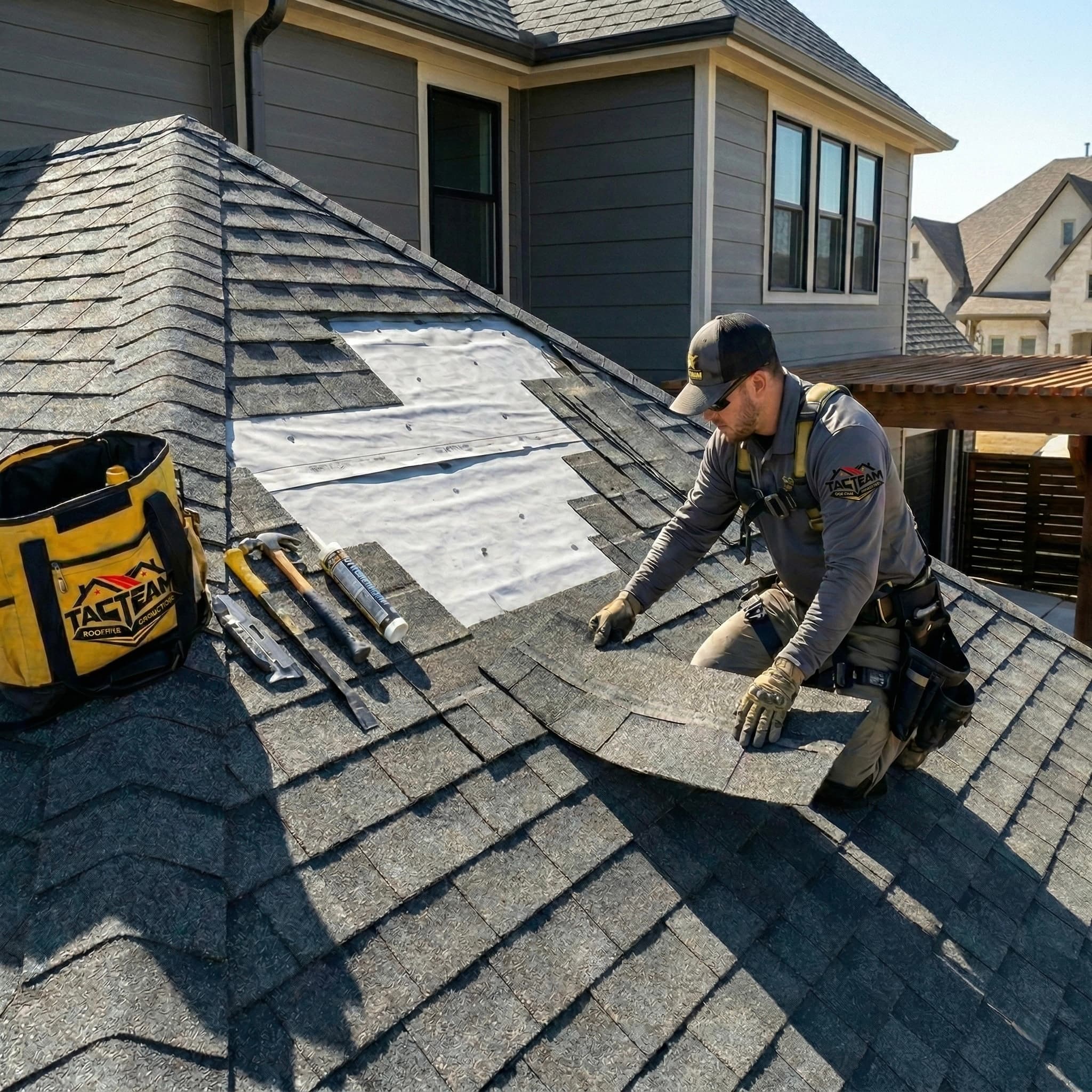 Roofing professional inspecting and repairing a residential shingle roof
